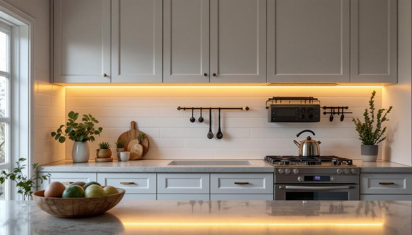 A photograph of a beautifully styled kitchen featuring warm under cabinet rope lighting that highlights the countertops and creates an inviting atmosphere
