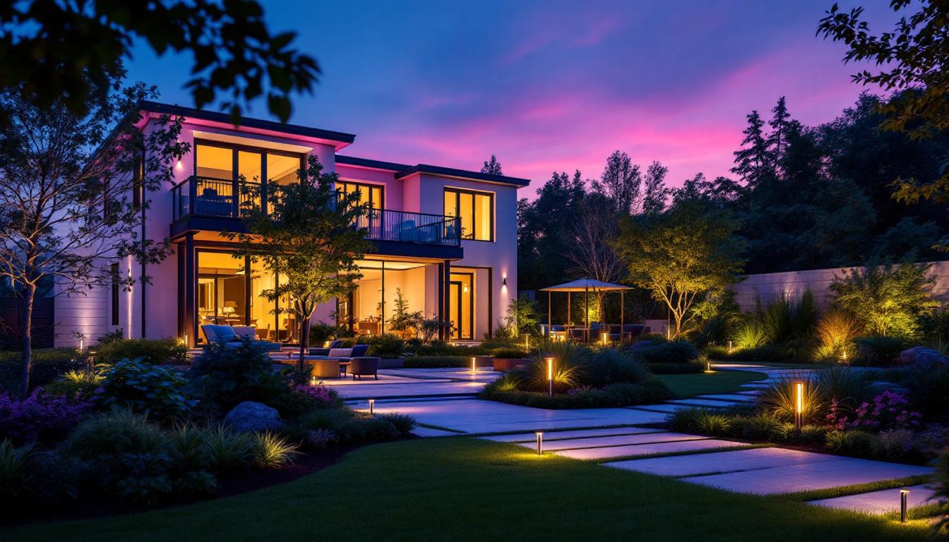 A photograph of a beautifully illuminated outdoor space featuring led exterior uplights that enhance architectural features and landscaping