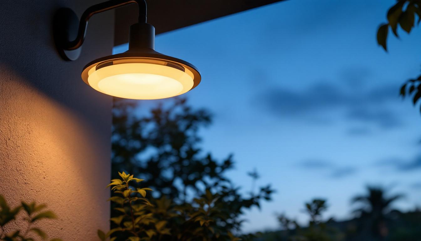 A photograph of a beautifully designed overhead outdoor light fixture illuminating a stylish outdoor space at dusk