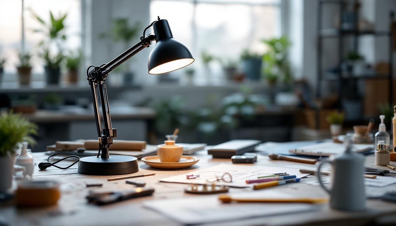 A photograph of a stylishly arranged halogen shop lamp in a well-lit workspace