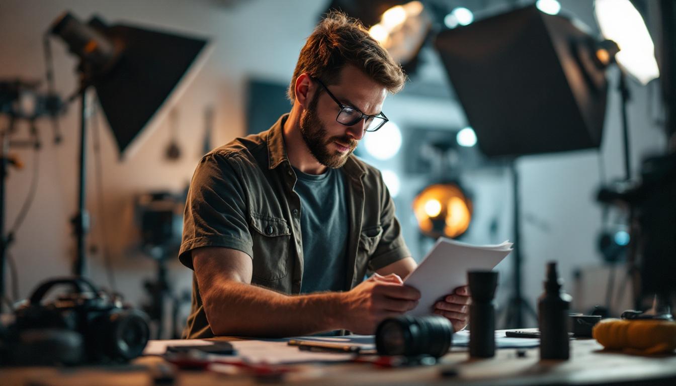 A photograph of a lighting engineer meticulously reviewing a comprehensive checklist in a well-lit studio