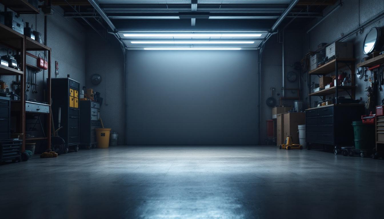 A photograph of a well-lit garage interior showcasing 4 ft garage lights in action