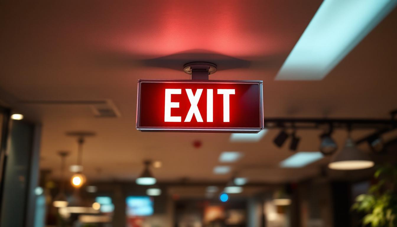 A photograph of a well-lit interior space featuring a ceiling-mounted exit sign