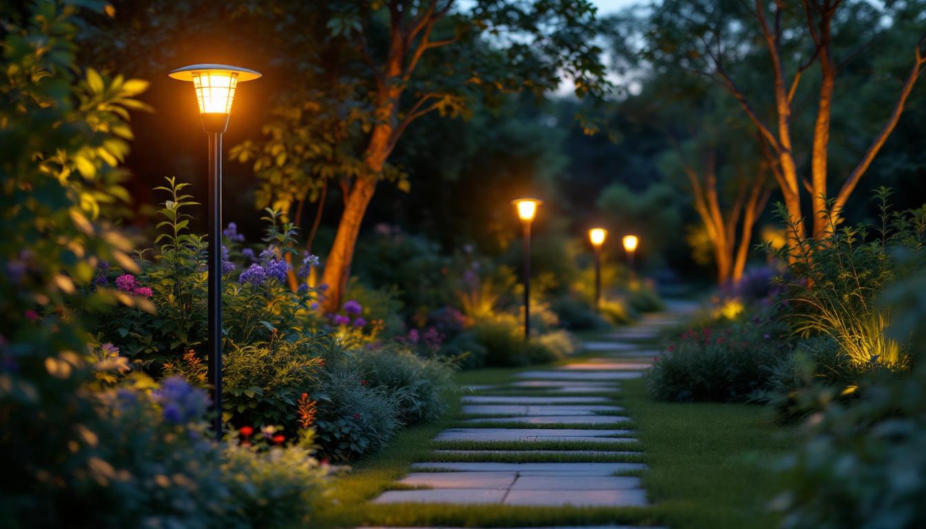 A photograph of a beautifully landscaped garden at dusk