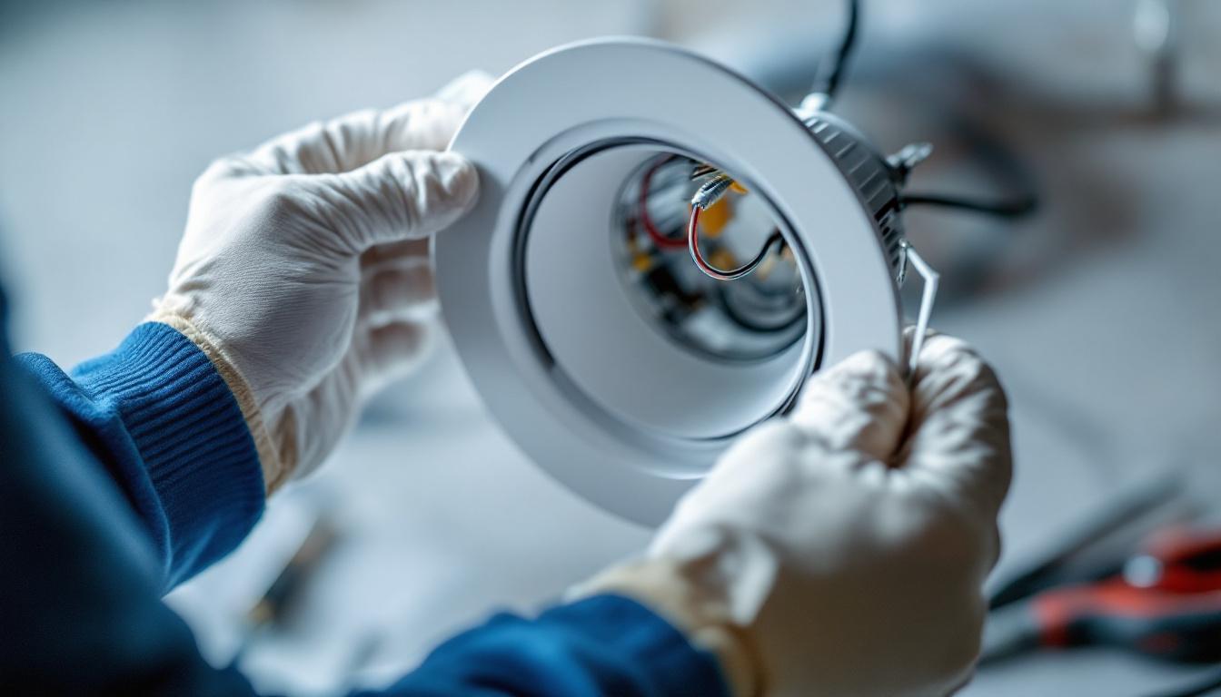A photograph of a close-up view of an ic recessed light fixture being inspected or installed