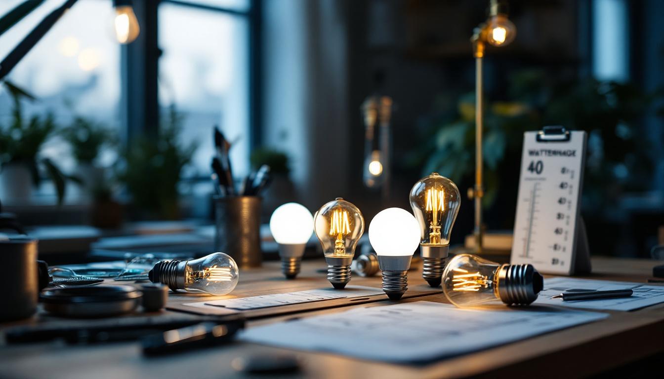 A photograph of a well-lit workspace featuring various light bulbs