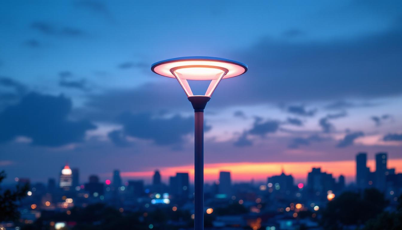 A photograph of a modern lamp post with an innovative