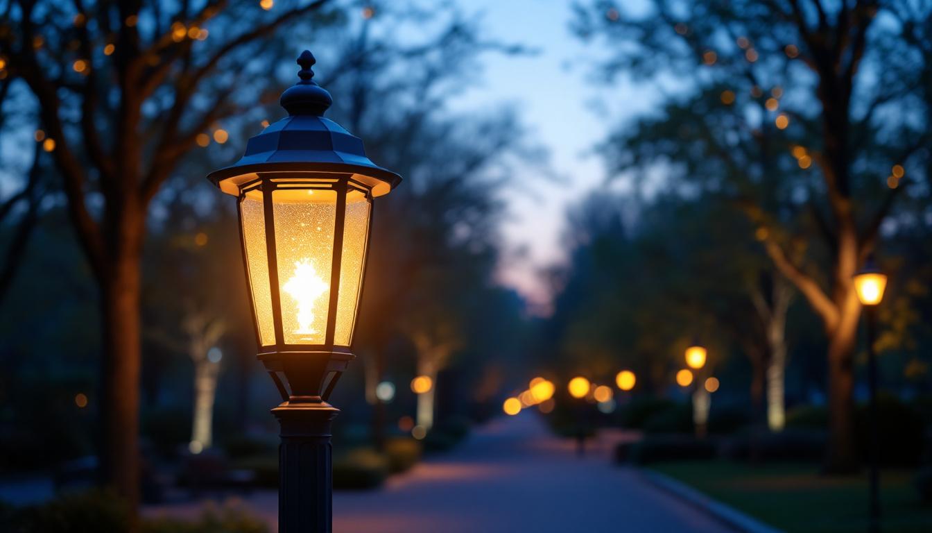 A photograph of a beautifully illuminated park lamp at dusk