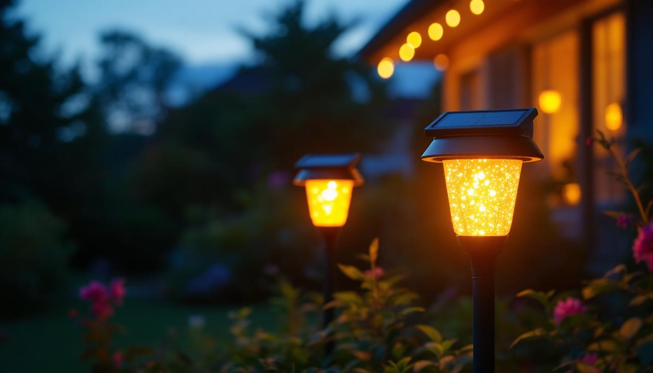 A photograph of a solar light set illuminating a garden or outdoor space at dusk