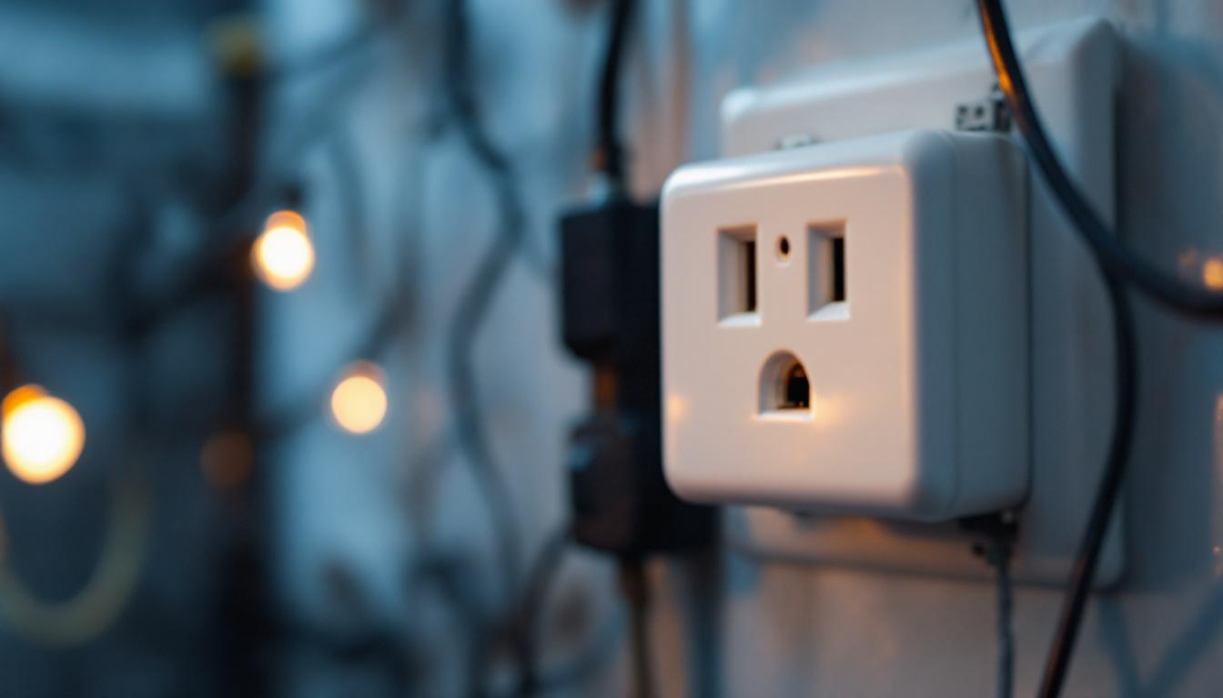 A photograph of a close-up view of a 120-volt electrical outlet