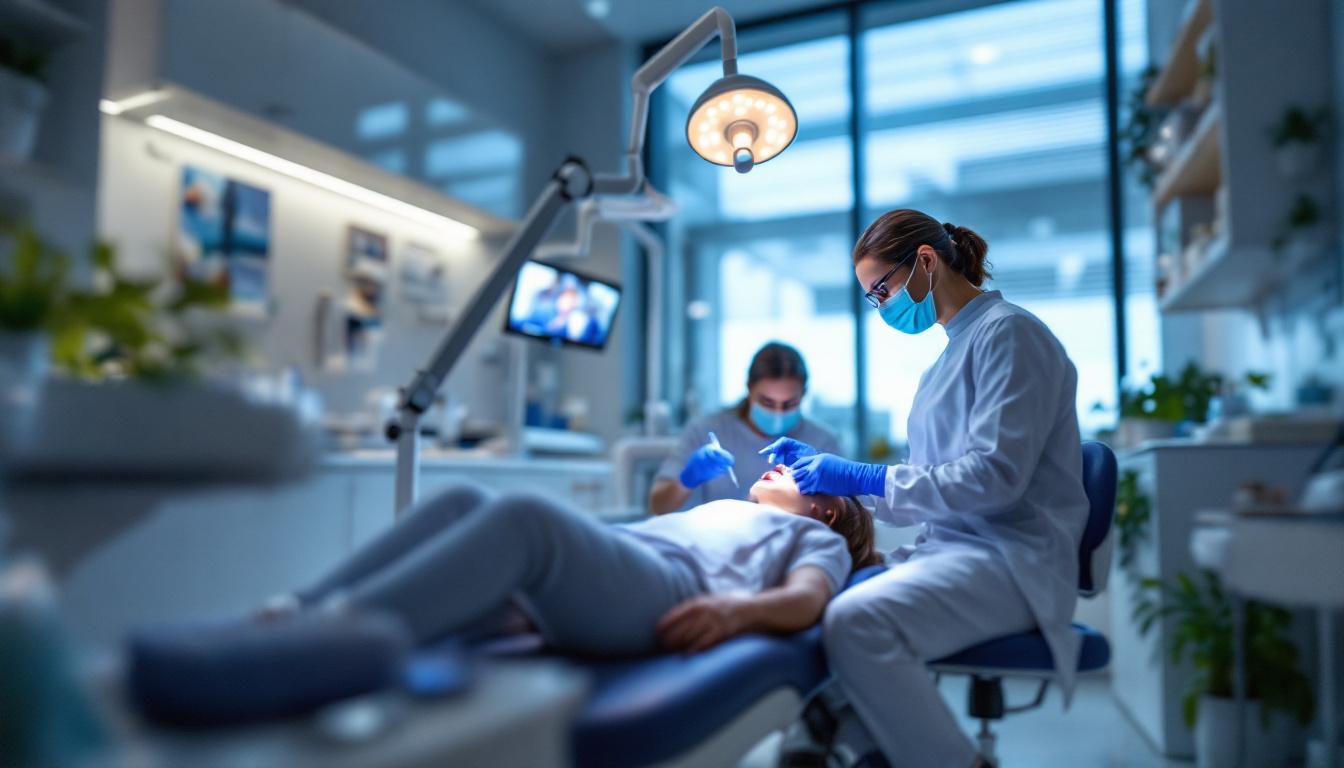 A photograph of a well-lit dental office showcasing modern dentist lights in action