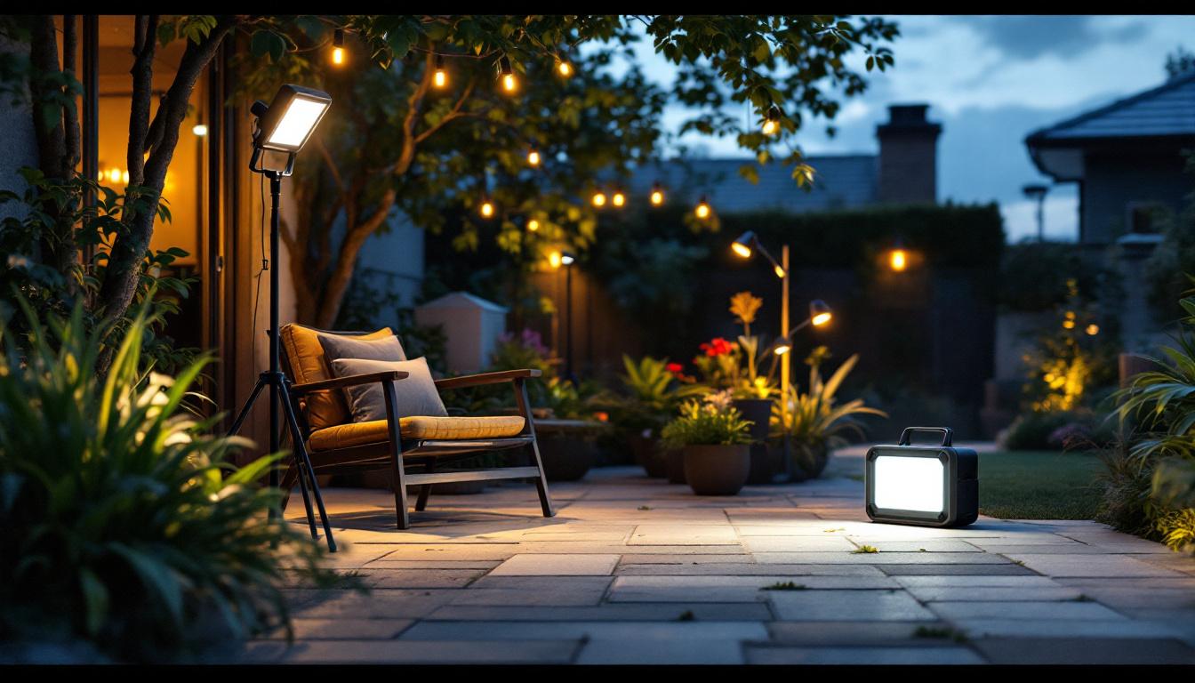 A photograph of a well-lit outdoor scene at dusk