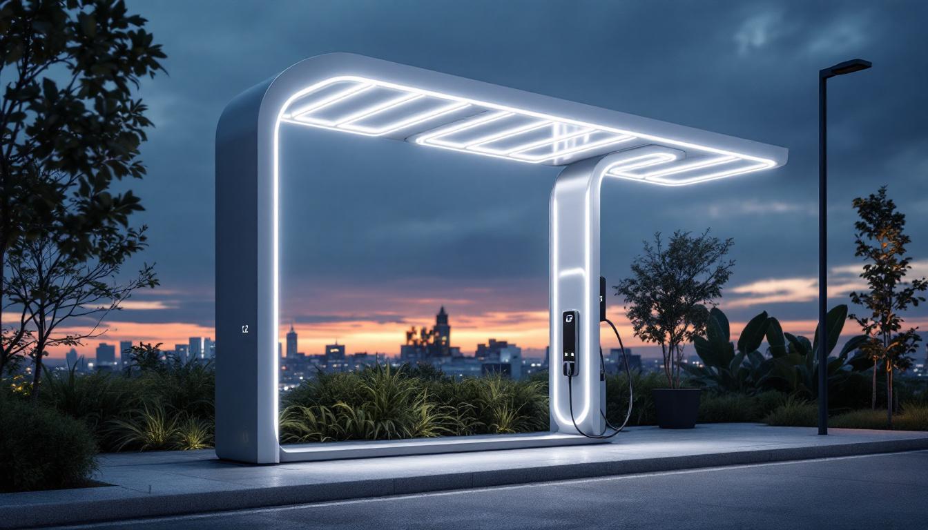 A photograph of a modern l2 charging station illuminated with innovative lighting design