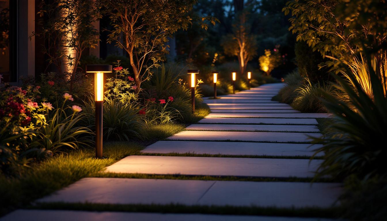 A photograph of a beautifully lit outdoor space featuring stylish led floor lights illuminating pathways