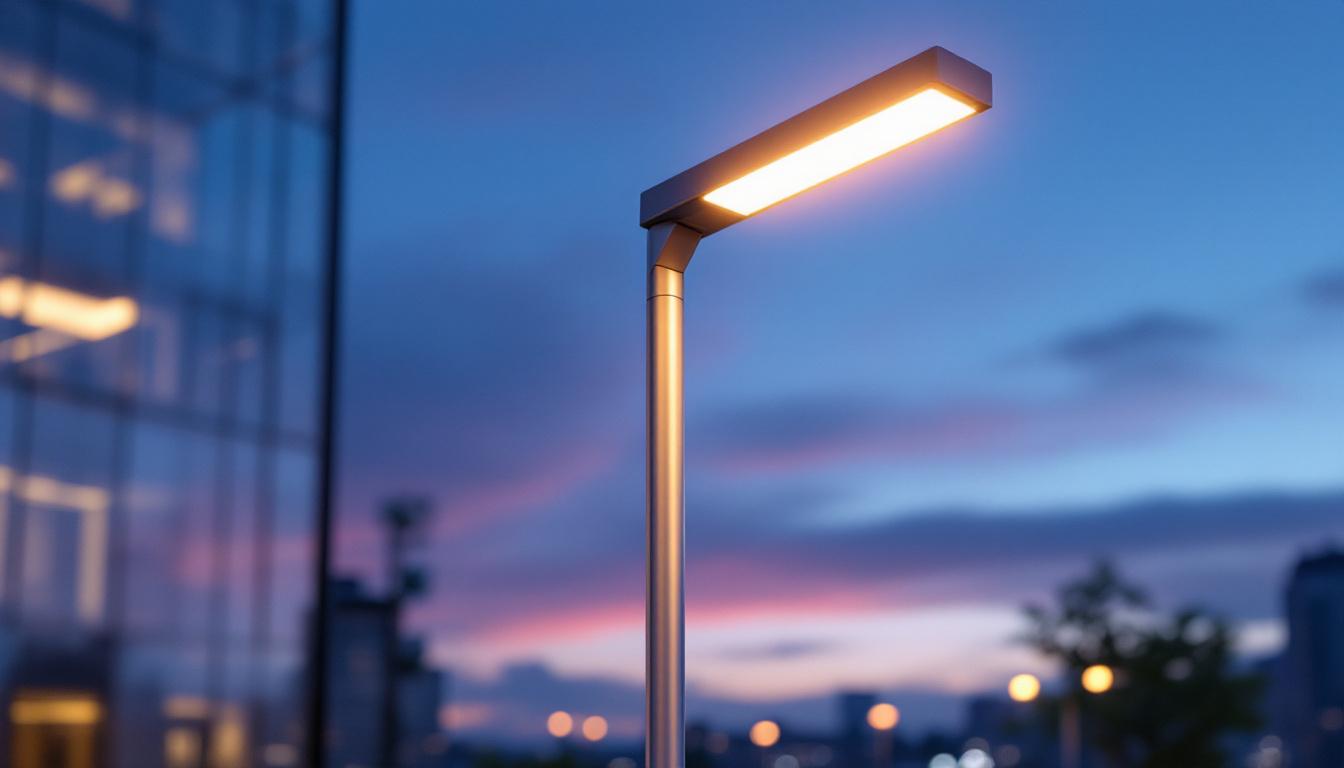 A photograph of a sleek 15 ft metal pole integrated into a modern lighting system