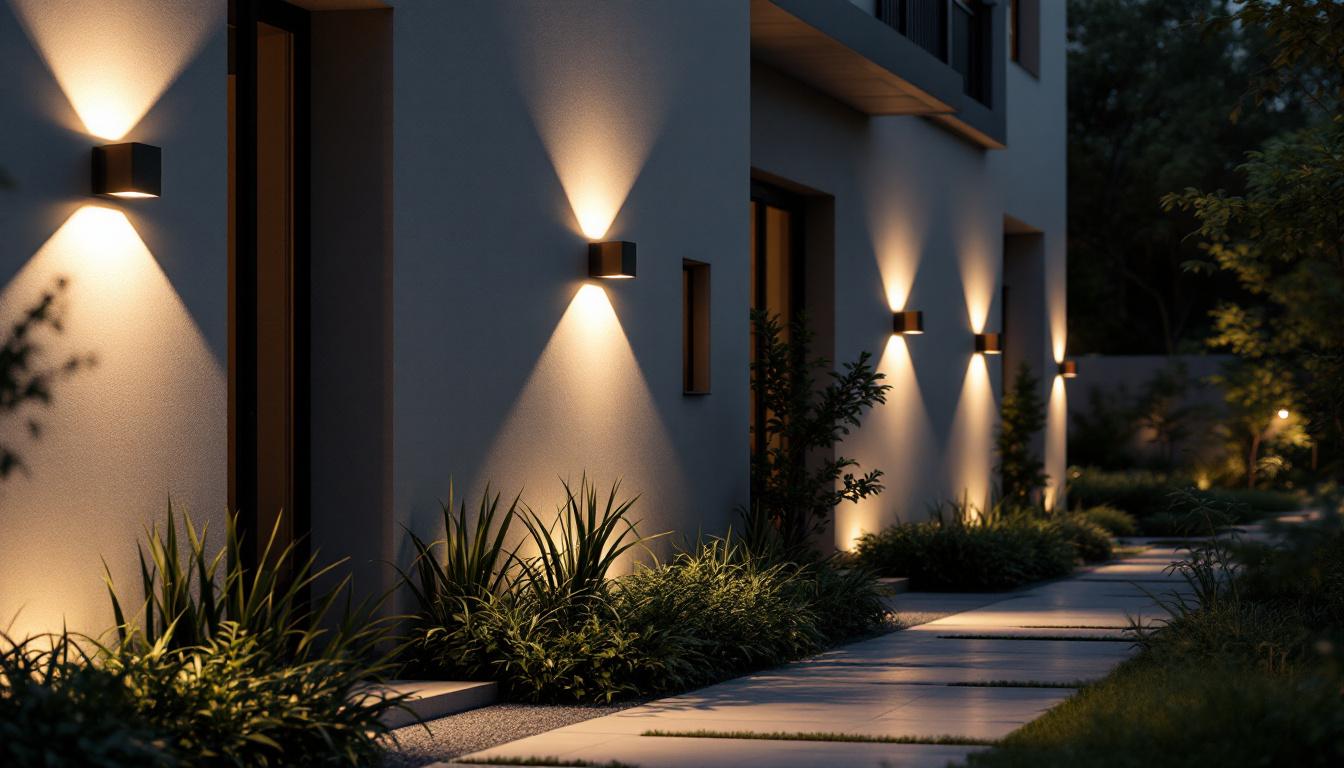 A photograph of a beautifully lit outdoor space featuring various wall spotlights illuminating architectural details and landscaping