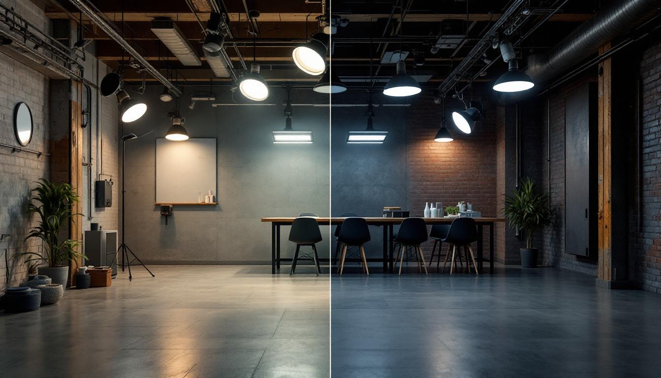 A photograph of a side-by-side comparison of industrial and commercial lighting setups