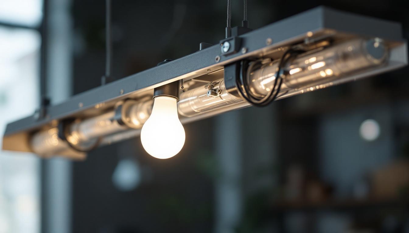 A photograph of a t12 fixture with a t8 bulb installed