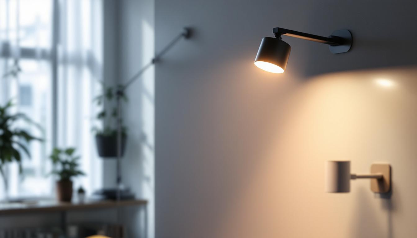 A photograph of a sleek gimbal light fixture in a modern setting