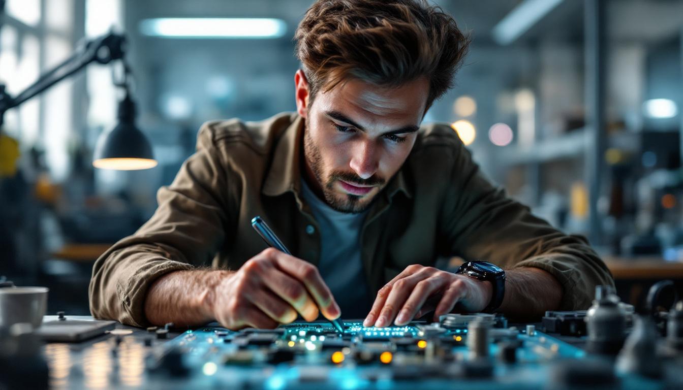 A photograph of a focused electrical engineer analyzing a complex circuit board in a well-lit workspace