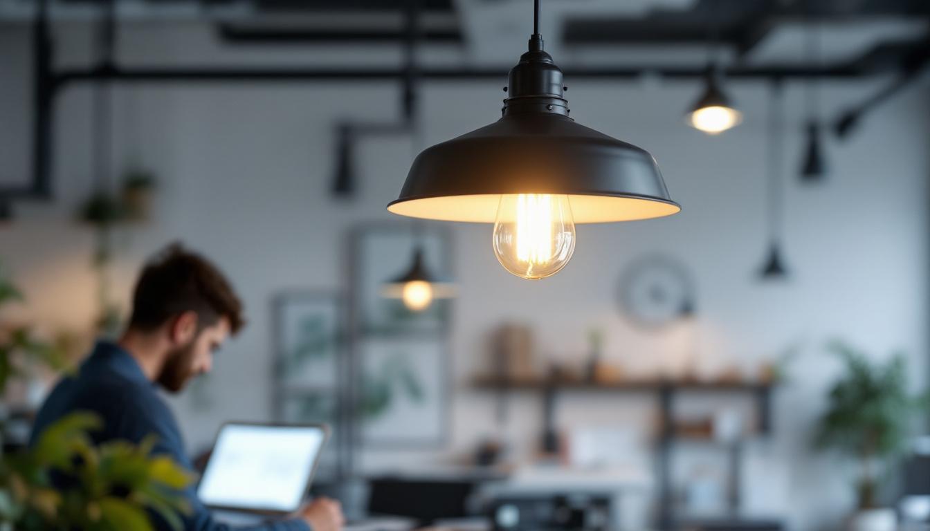 A photograph of a stylish industrial-style pendant light hanging in a modern workspace