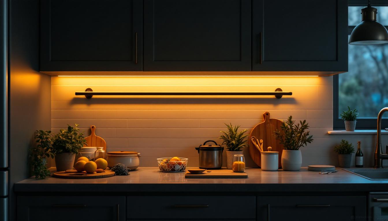 A photograph of a stylish under-cabinet light fixture illuminating a beautifully organized kitchen countertop
