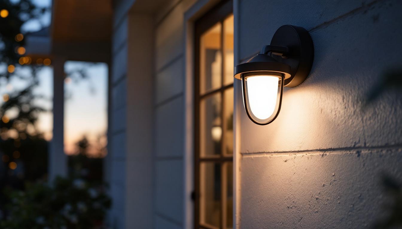 A photograph of a stylish porch light equipped with a photocell sensor