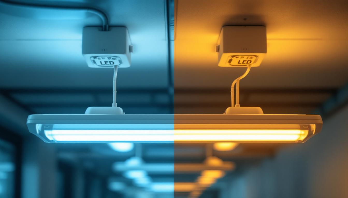 A photograph of a side-by-side comparison of fluorescent and led light fixtures in a well-lit environment