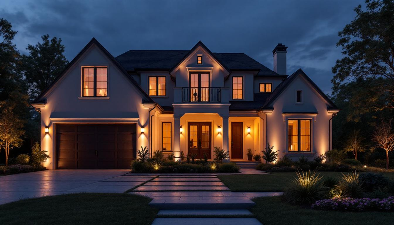 A photograph of a beautifully illuminated exterior of a house at dusk