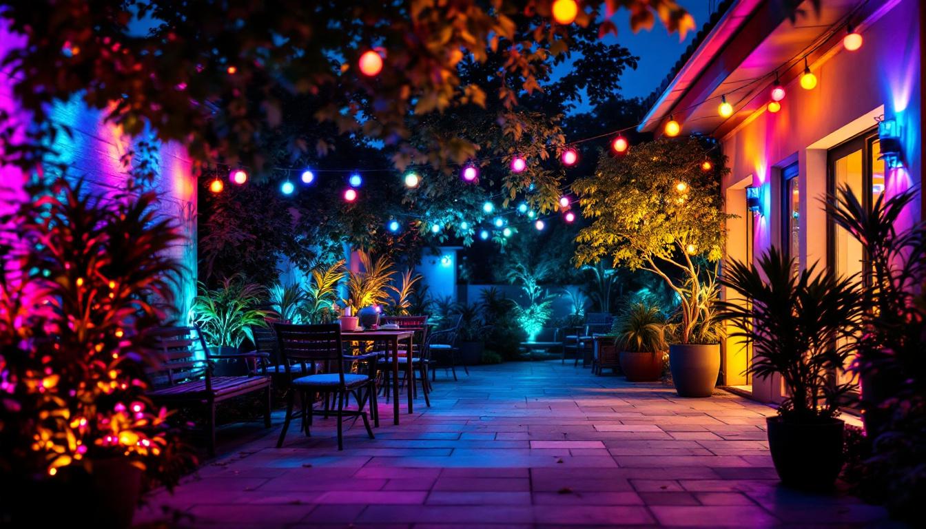 A photograph of a vibrant outdoor scene illuminated by a variety of colorful lights