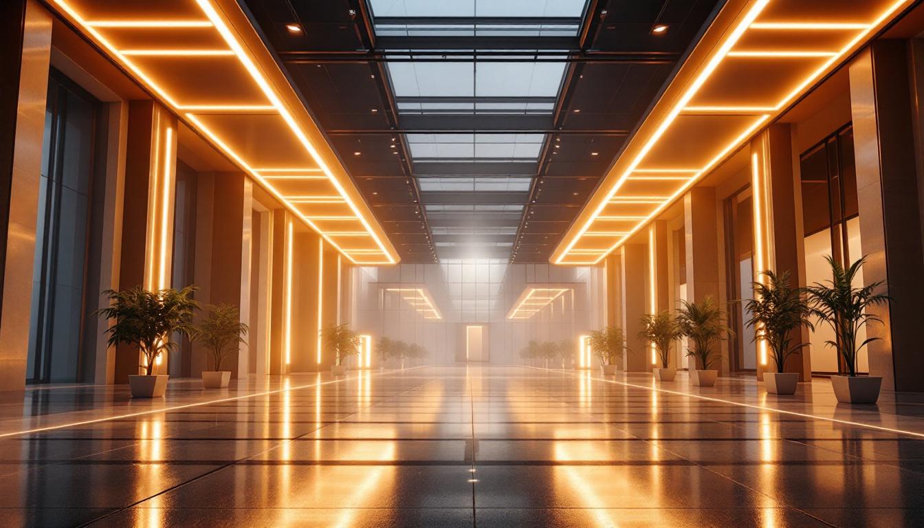 A photograph of a large-scale trough lighting installation in an expansive indoor or outdoor space