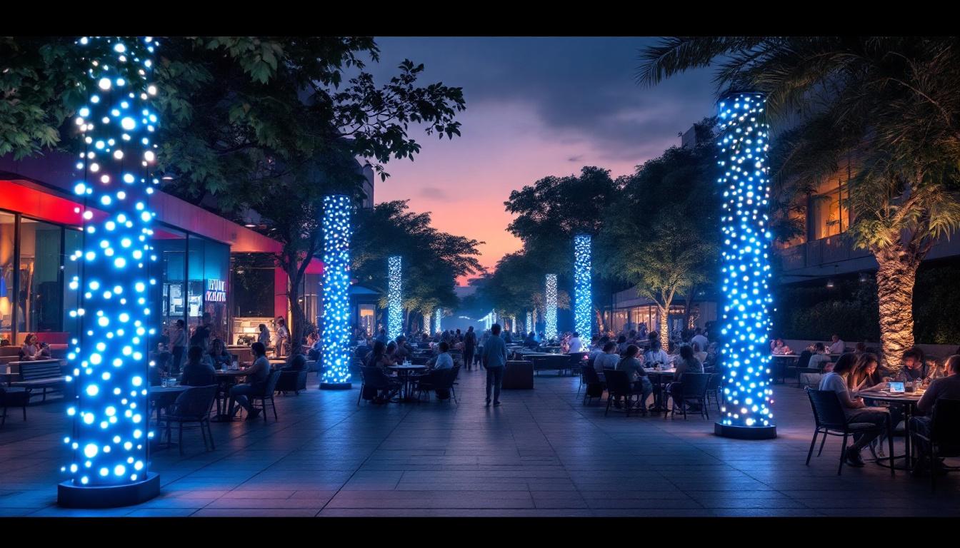 A photograph of a vibrant outdoor scene illuminated by 100-foot led lights