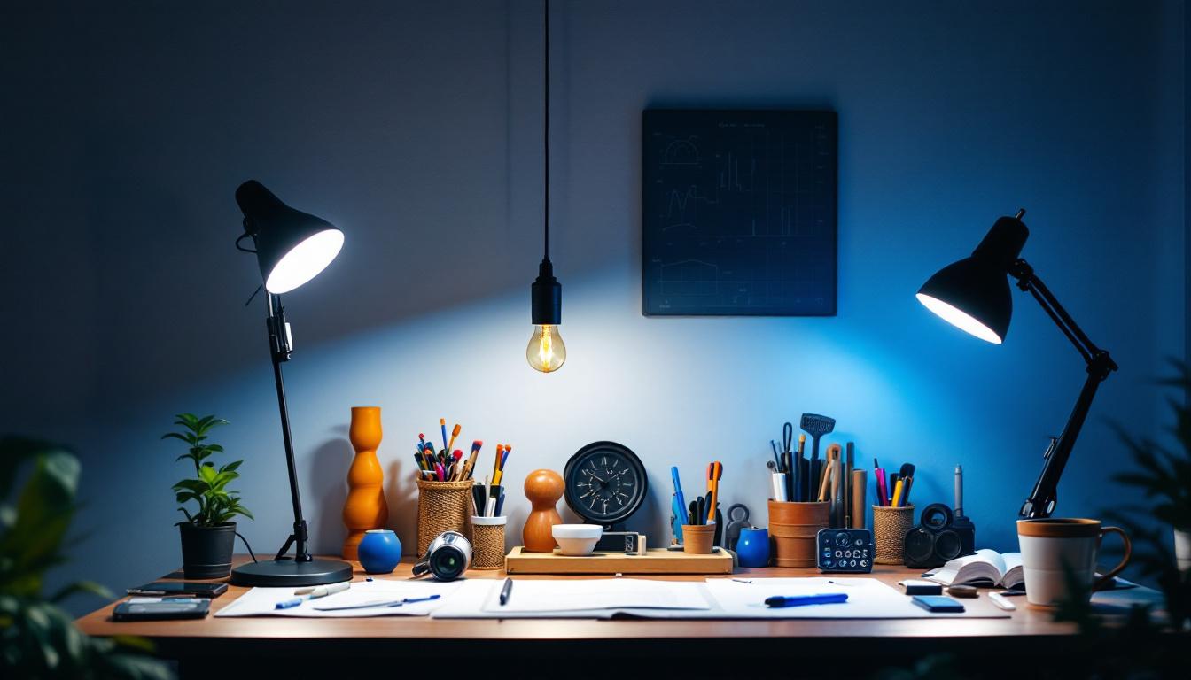 A photograph of a well-designed workspace featuring three distinct lamp types—such as a table lamp