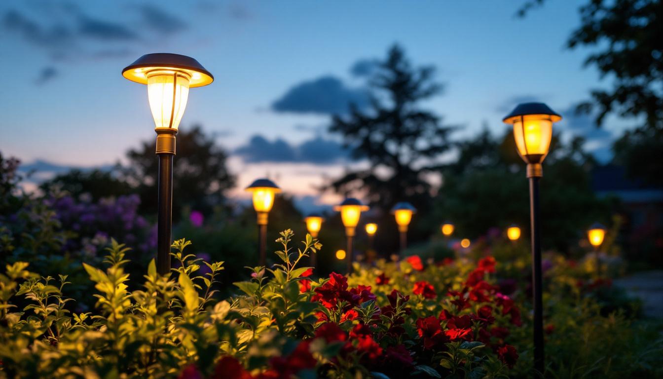 A photograph of a beautifully illuminated garden at dusk