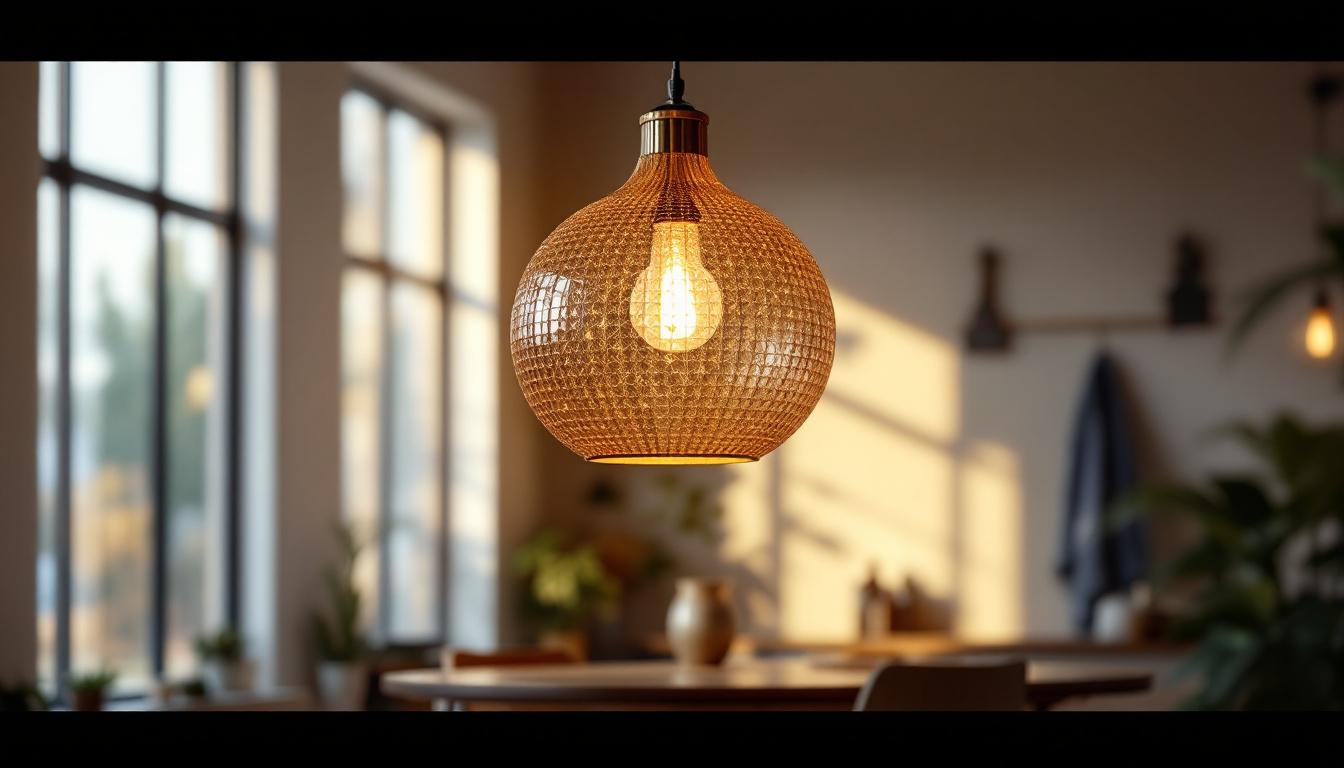 A photograph of a beautifully designed spherical pendant light hanging in a well-lit