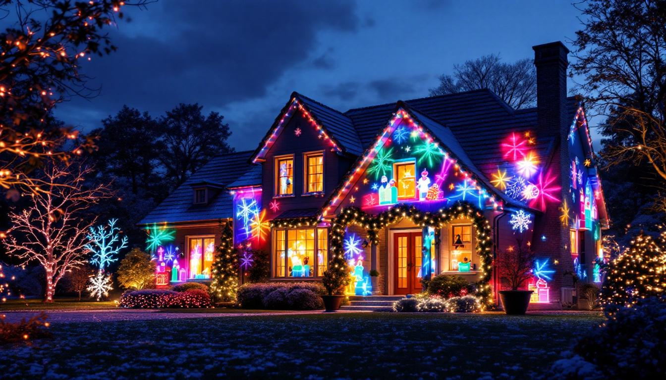 A photograph of a beautifully illuminated house showcasing a vibrant christmas projector display