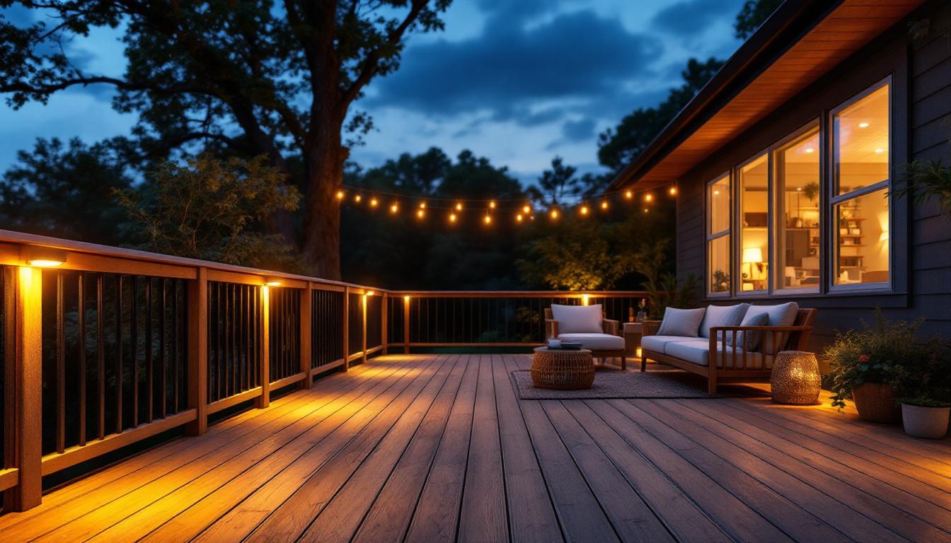A photograph of a beautifully illuminated outdoor deck at dusk