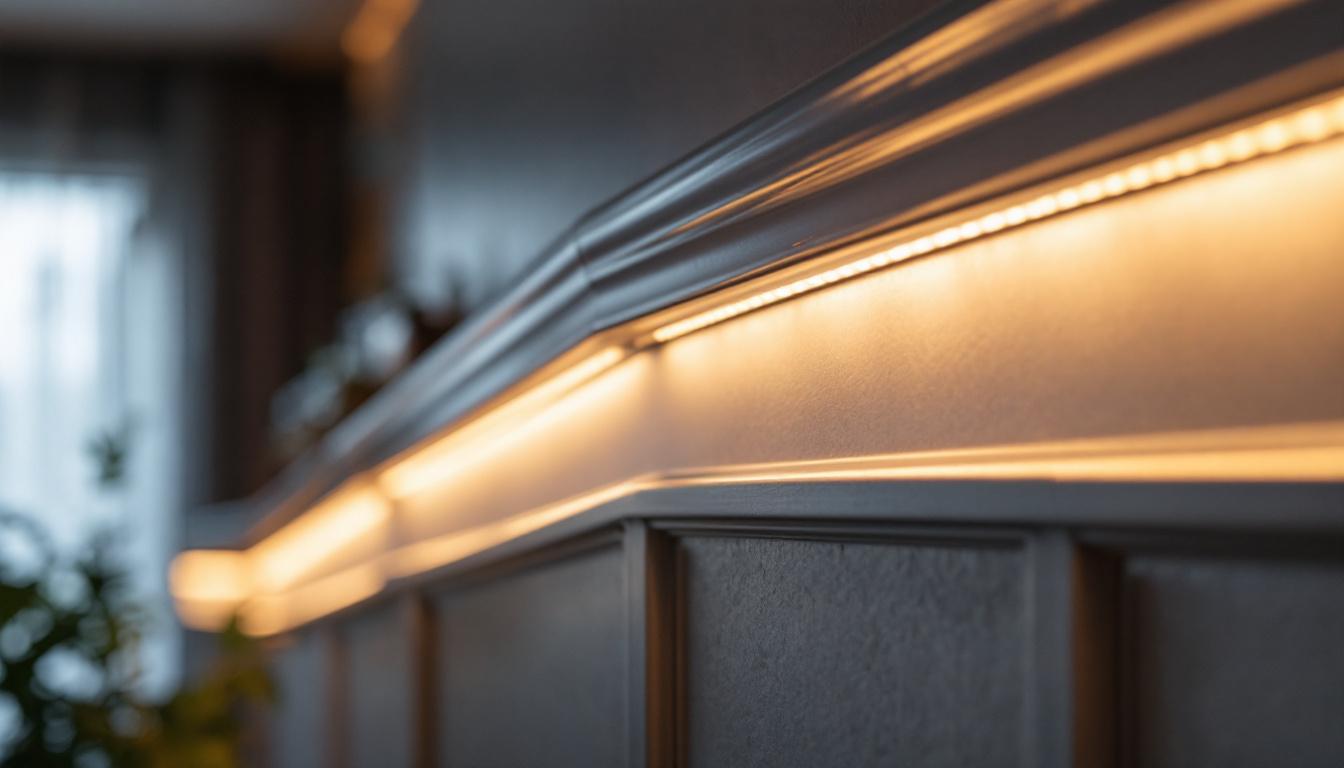 A photograph of a close-up shot of led trim lighting installed in a stylish interior setting