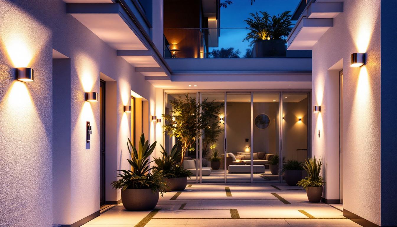 A photograph of a beautifully illuminated outdoor space featuring high-end lighting fixtures