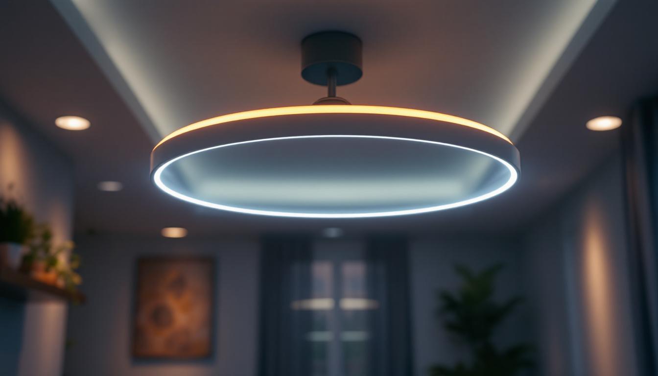 A photograph of a modern ceiling light fixture in a stylish interior setting