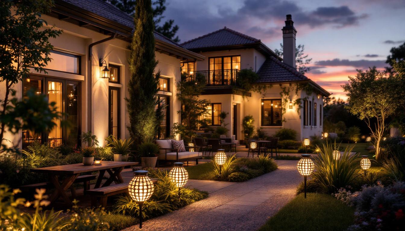 A photograph of a beautifully illuminated outdoor space featuring various styles of solar decorative lights
