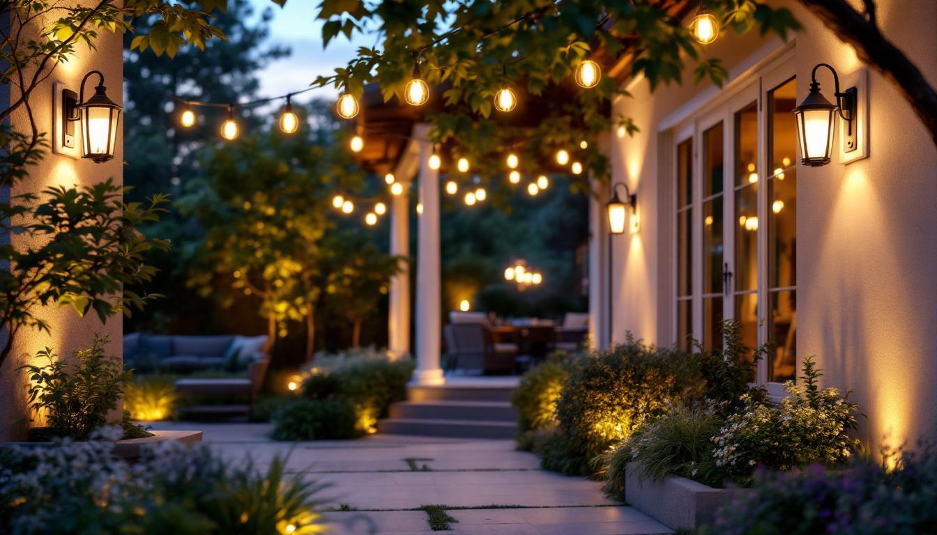 A photograph of a beautifully lit outdoor space featuring a variety of stylish outdoor lighting fixtures