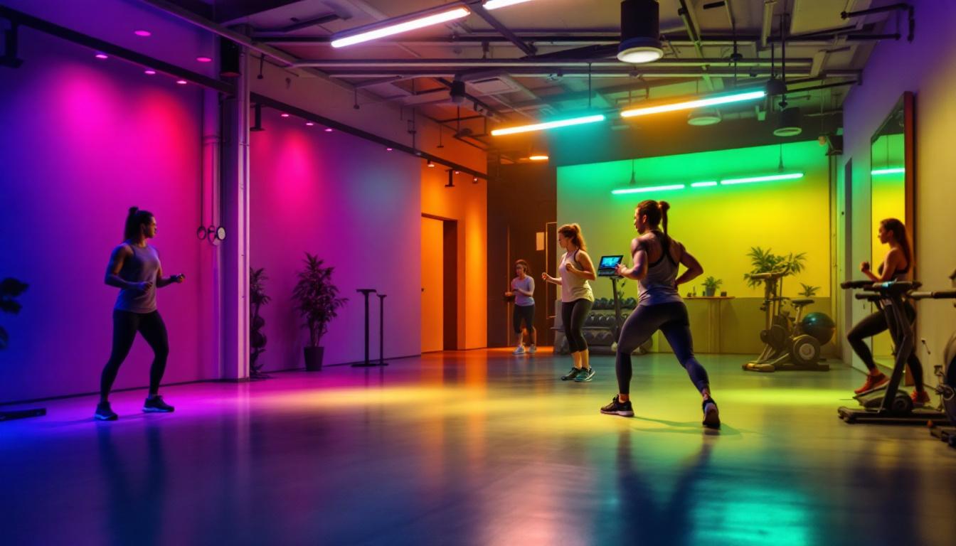 A photograph of a well-lit interior gym space showcasing energy-efficient lighting solutions