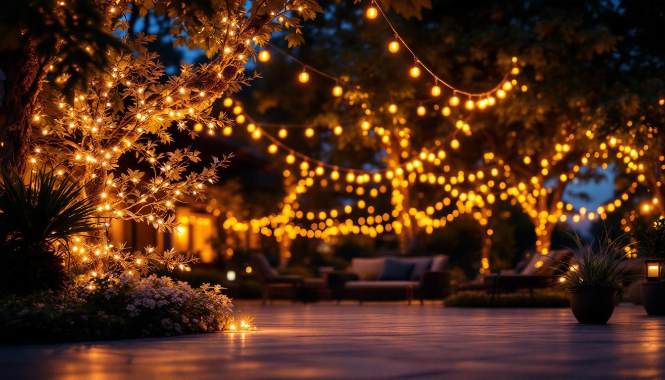 A photograph of a beautifully illuminated outdoor space featuring amber lights