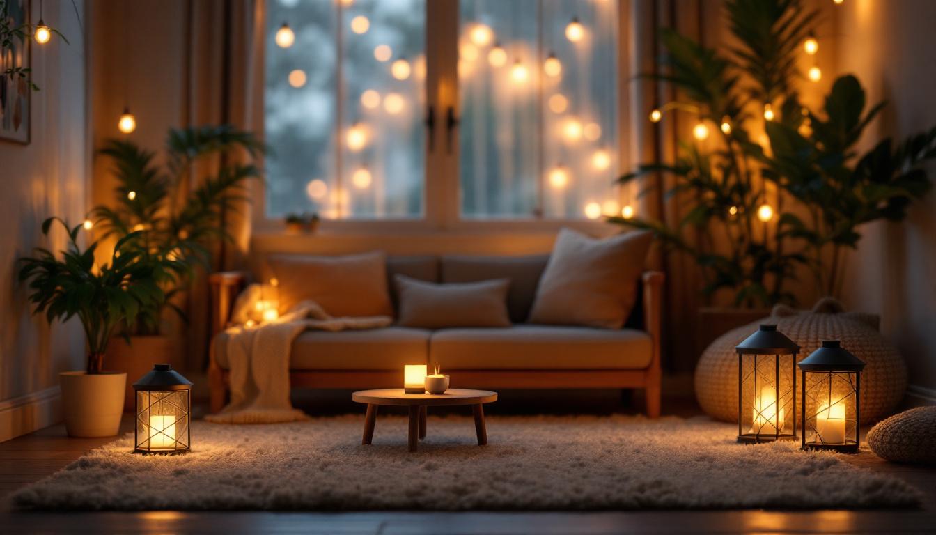 A photograph of a cozy indoor setting illuminated by soft