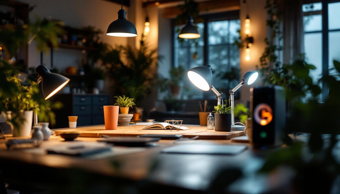 A photograph of a well-lit workspace featuring a variety of innovative and cost-effective lighting solutions
