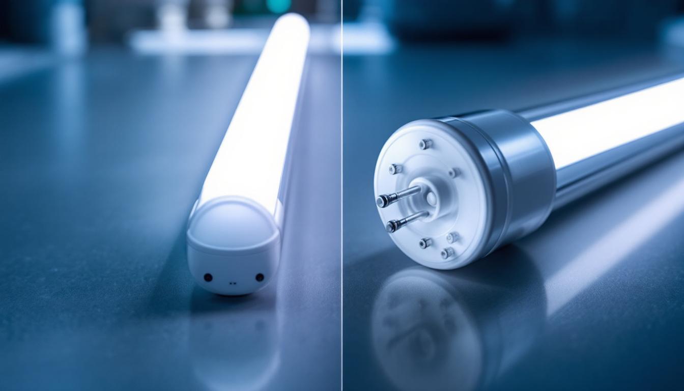 A photograph of a side-by-side comparison of a traditional t8 fluorescent tube and its led replacement