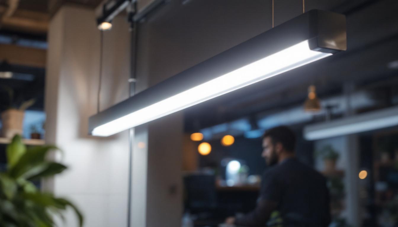 A photograph of a fluorescent light bar installed in a modern workspace