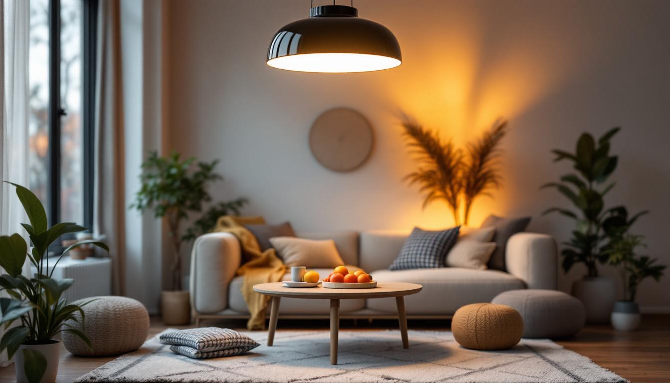 A photograph of a stylishly designed led hang lamp illuminating a cozy