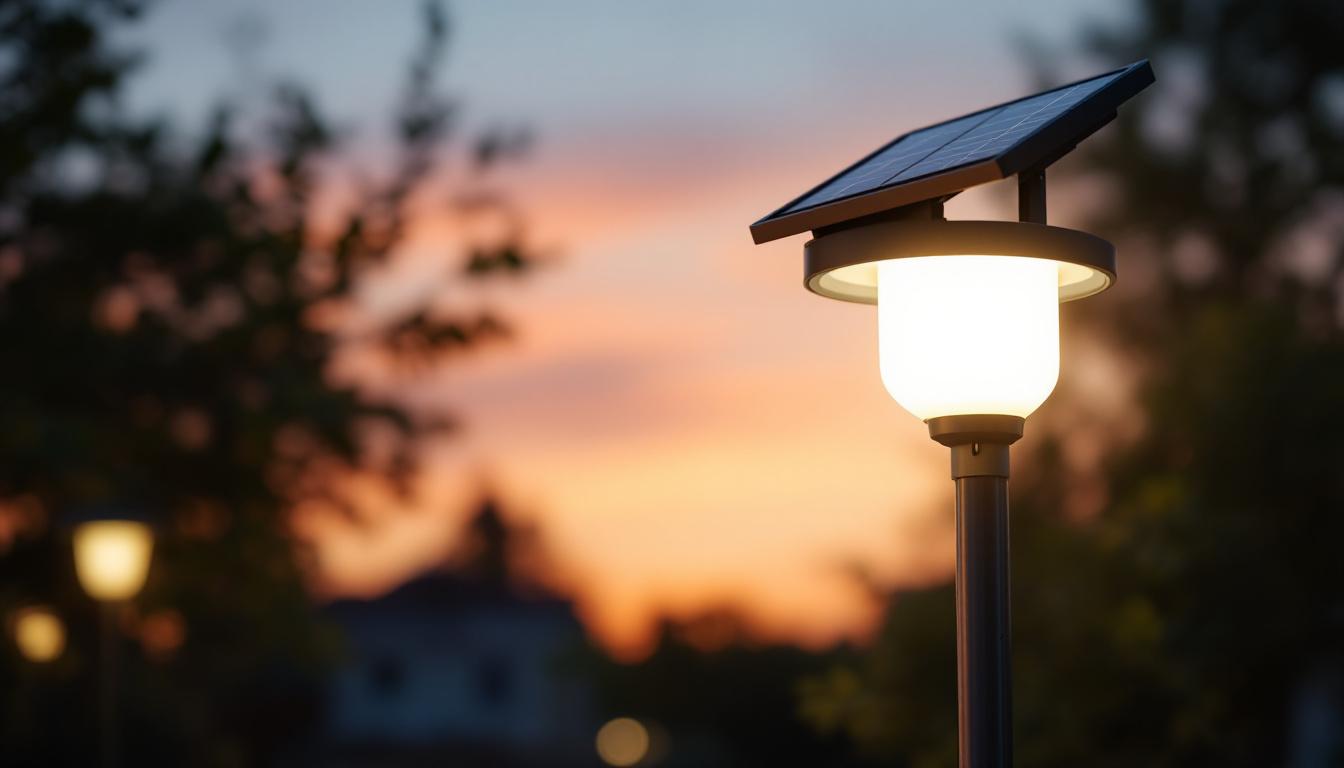 A photograph of a solar-powered light fixture illuminated at dusk